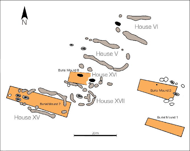 Balloy, Paris Basin. Plan of the central part of the settlement with  long houses of the Villeneuve-Saint-Germain culture superimposed by  graves and long barrows of the Cerny culture. (Click on image to view larger.)